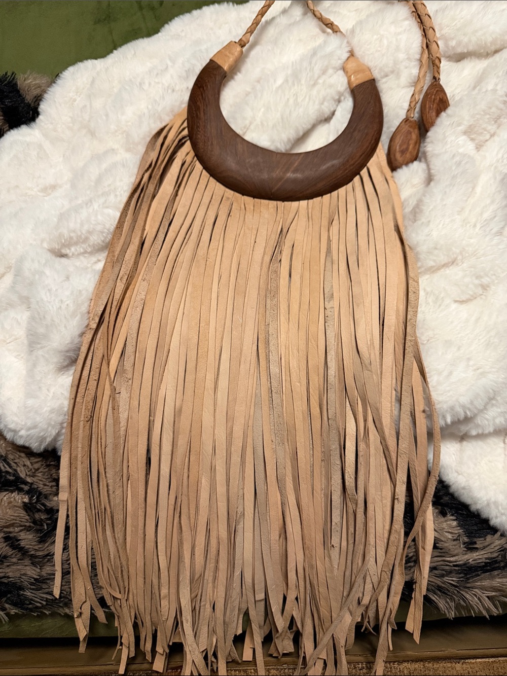 Large Leather Fringe Bib Necklace Lt. Tan